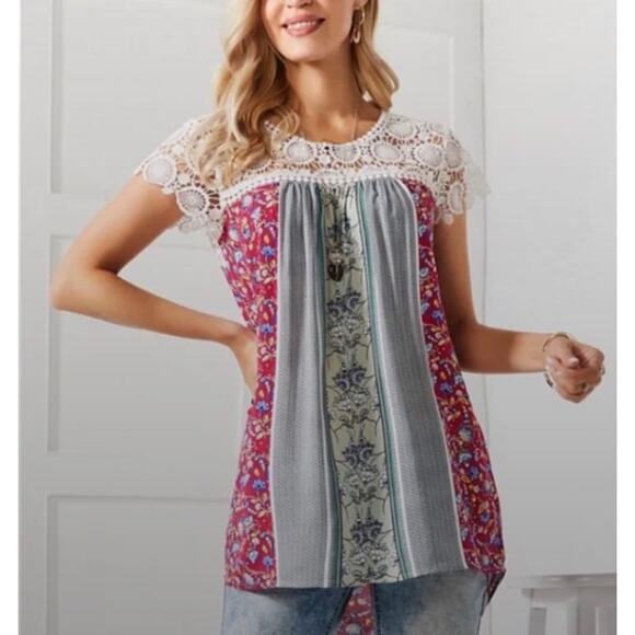 Suzanne Betro Women's M Multicolor Boho Floral Crochet Blouse tunic top new - Picture 1 of 7